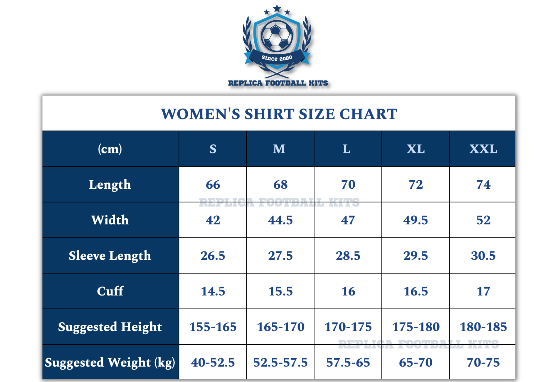 Women Replica Football Shirt Size Chart