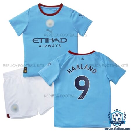 Manchester City Home Haaland 9 Kids Kit 22 23 - Front View