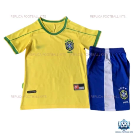 Retro Brazil Home Yellow Kids Replica Football Kit 1998 - Front view - blur