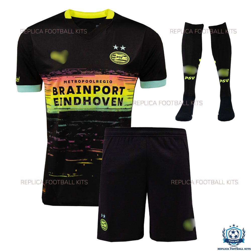 OverView Of PSV Eindhoven Away Kid Replica Kit 24/25 - front view with socks