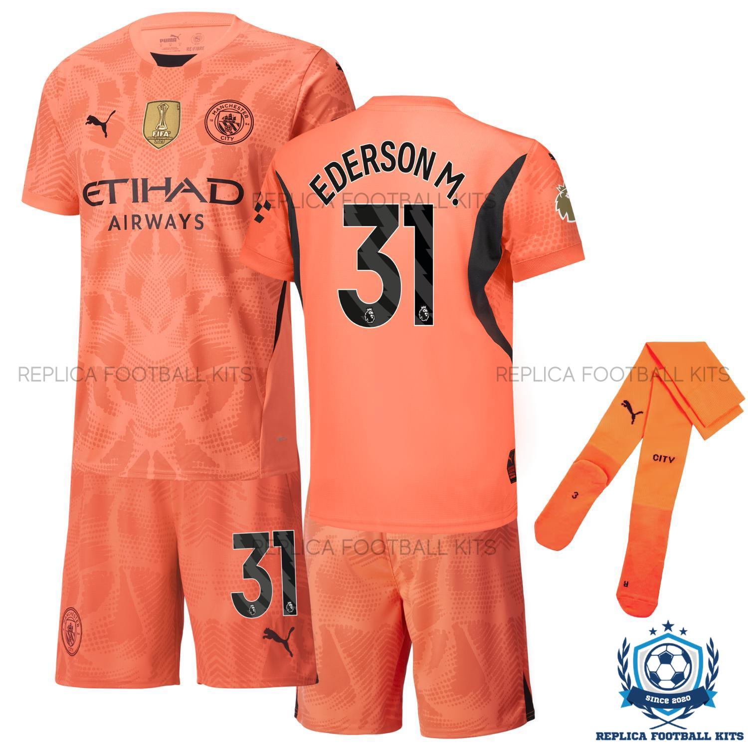 Man City Goalkeeper Orange Kid Replica Kit 24/25 EDERSON M. 31 - Front View