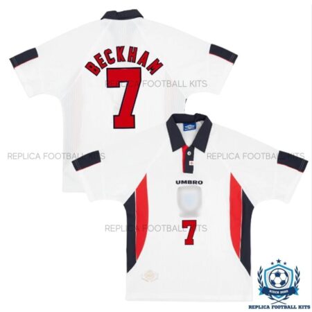 Retro England Home Men Replica Shirt 1998 BECKHAM 7 - Front View