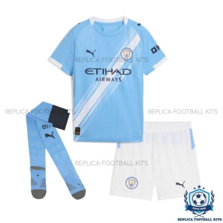 Manchester City Home Kid Replica Kit 25/26 - front view with socks