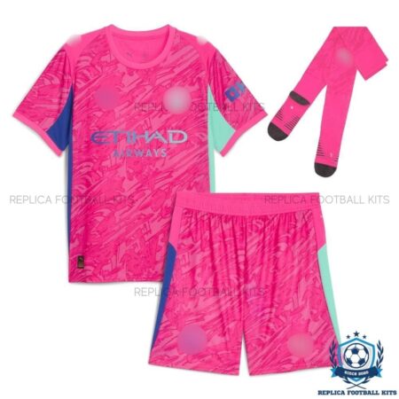 Manchester City Pink Goalkeeper Kid Replica Kit 25/26 - front view with socks