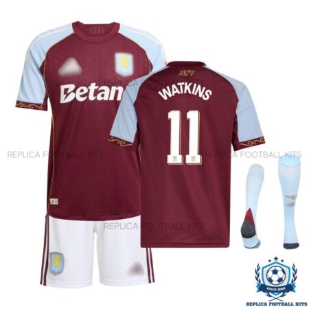 Aston Villa Watkins 11 Home Kids Replica Kit 25/26 - overview with socks