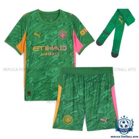 Manchester City Green Goalkeeper Kid Replica Kit 25/26 - front view with socks