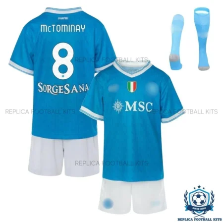 SSC Napoli Mctominay 8 Home Kid Replica Football Kit 25/26 - front view with socks