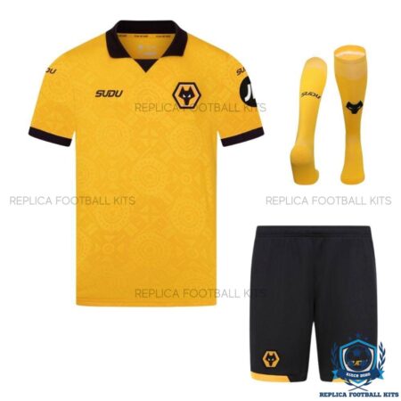 Wolves Home Kid Replica Football Kit 2025/26 - front view with socks