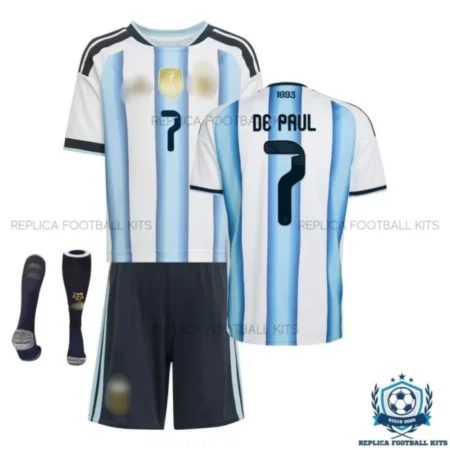 Argentina De Paul 7 Home Kids Replica Football Kit 2026 - oveview with socks