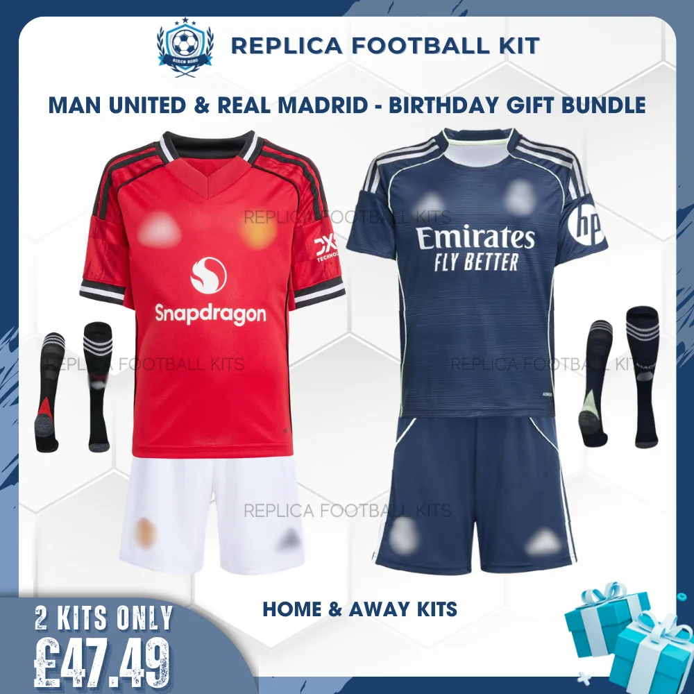 Manchester United and Real Madrid Full Kit Gift Set – Home & Away Kids Football Kits (With Socks)