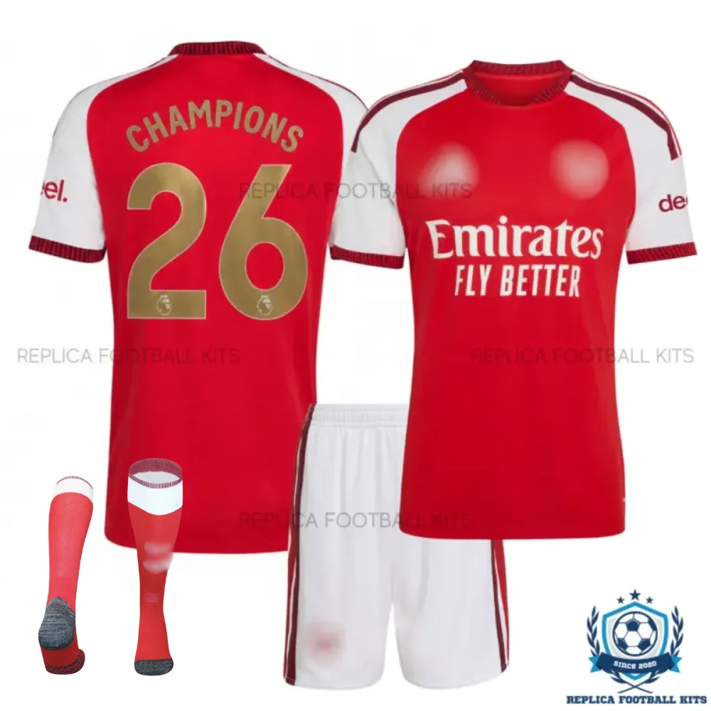 Arsn@l CHAMPIONS 26 Home Kid Replica Football Kit 2026/27 - overview with socks