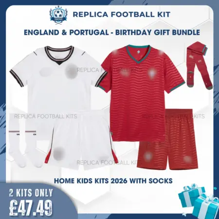 England and Portugal World Cup 2026 Full Kit Gift Set - Home Kids Football Kits (With Socks)