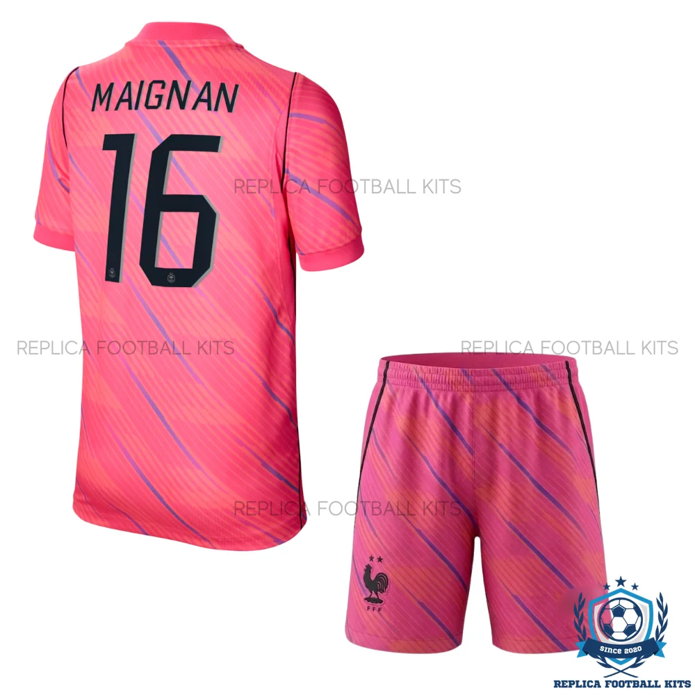 France World Cup 2026 MAIGNAN 16 Pink Goalkeeper Kid Replica Football Kit - back view