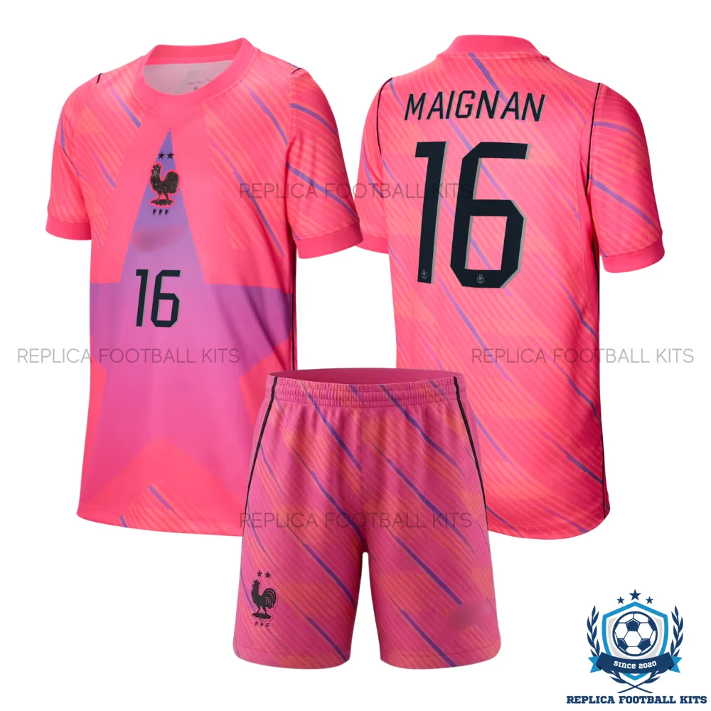 France World Cup 2026 MAIGNAN 16 Pink Goalkeeper Kid Replica Football Kit - overview