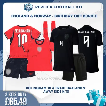 England and Norway World Cup 2026 BELLINGHAM 10 and BRAUT HAALAND 9 Full Kit Gift Set - Away Kids Football Kits