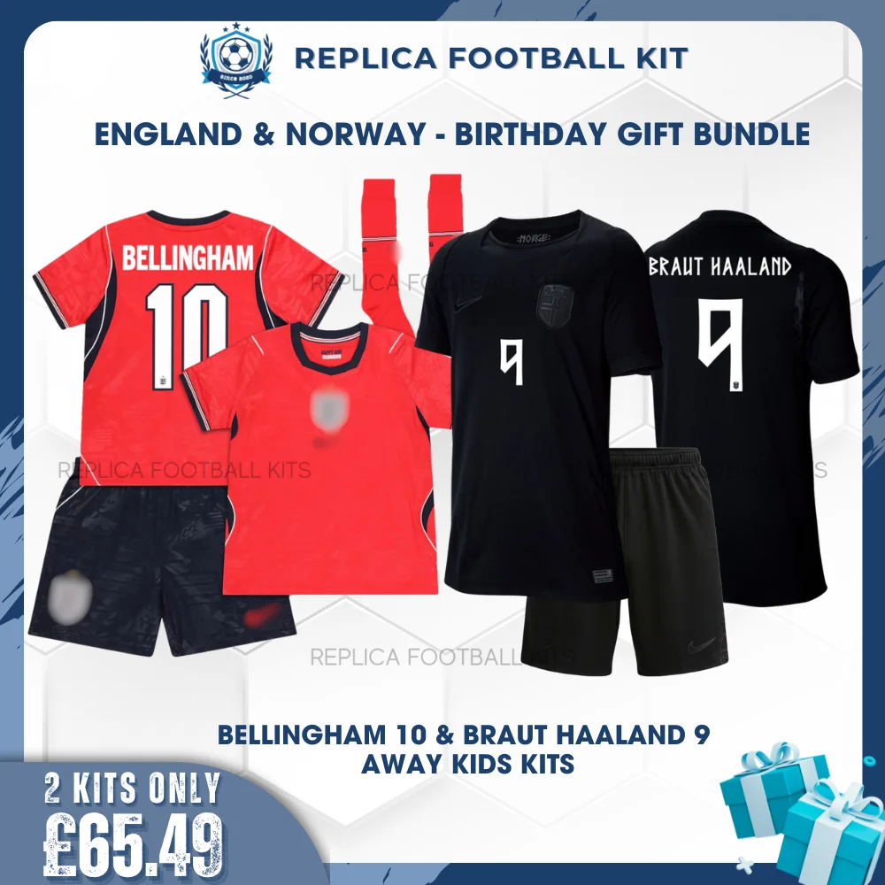England and Norway World Cup 2026 BELLINGHAM 10 and BRAUT HAALAND 9 Full Kit Gift Set - Away Kids Football Kits