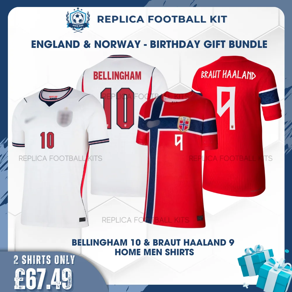 England and Norway World Cup 2026 BELLINGHAM 10 and BRAUT HAALAND 9 Full Shirt Gift Set - Home Men Football Shirts - overview