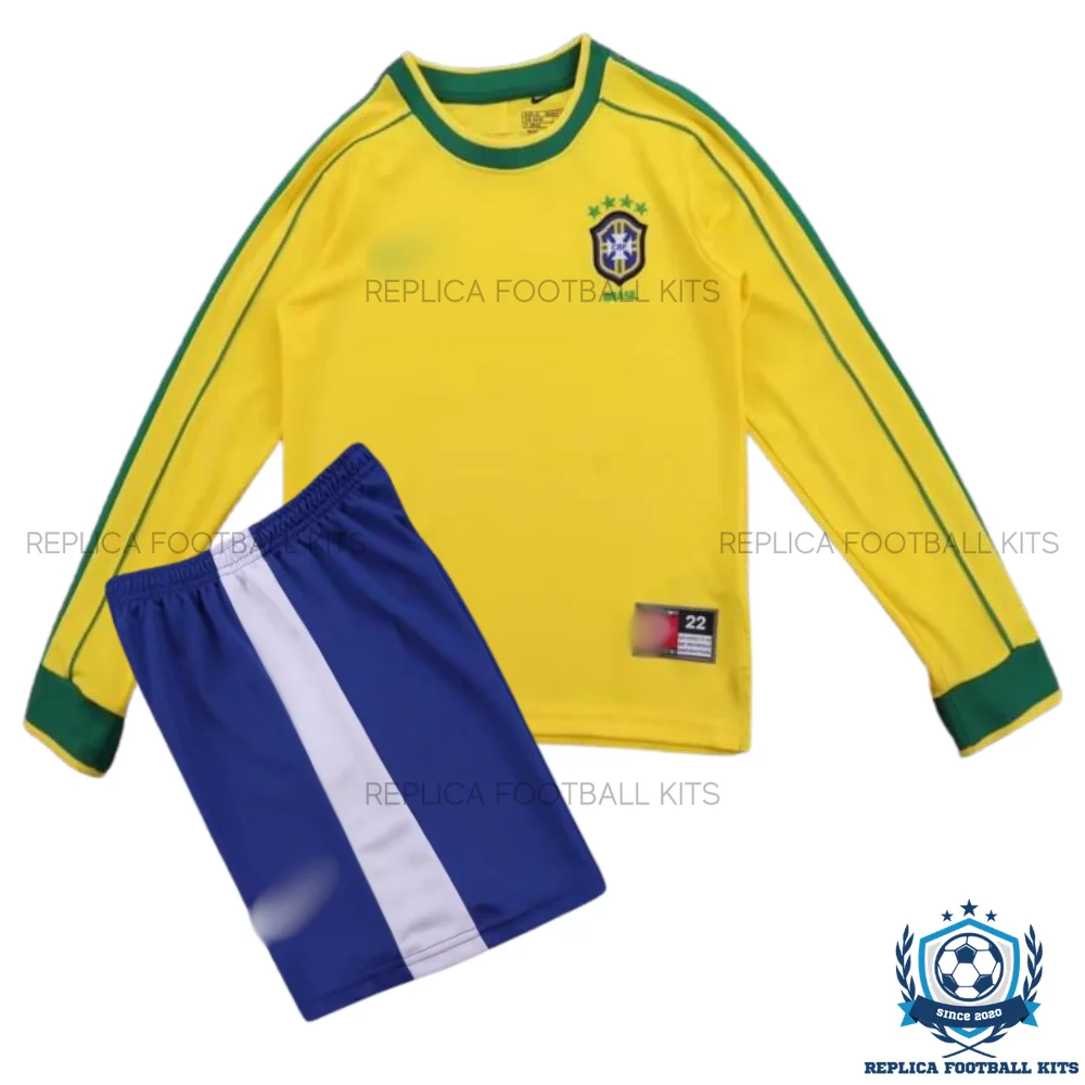 Retro Brazil Home Kid Replica Football Kit 1998 Long Sleeve - front view