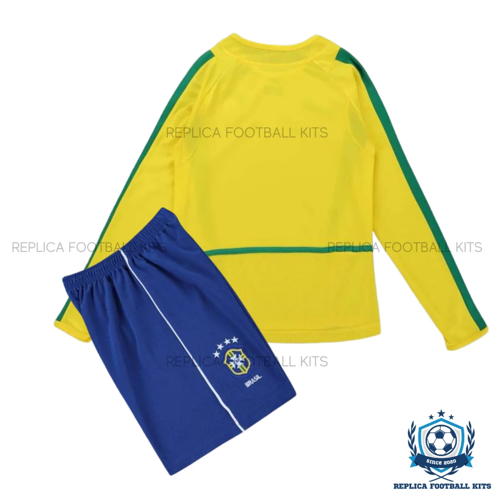Retro Brazil Home Kid Replica Football Kit 2002 Long Sleeve - back view
