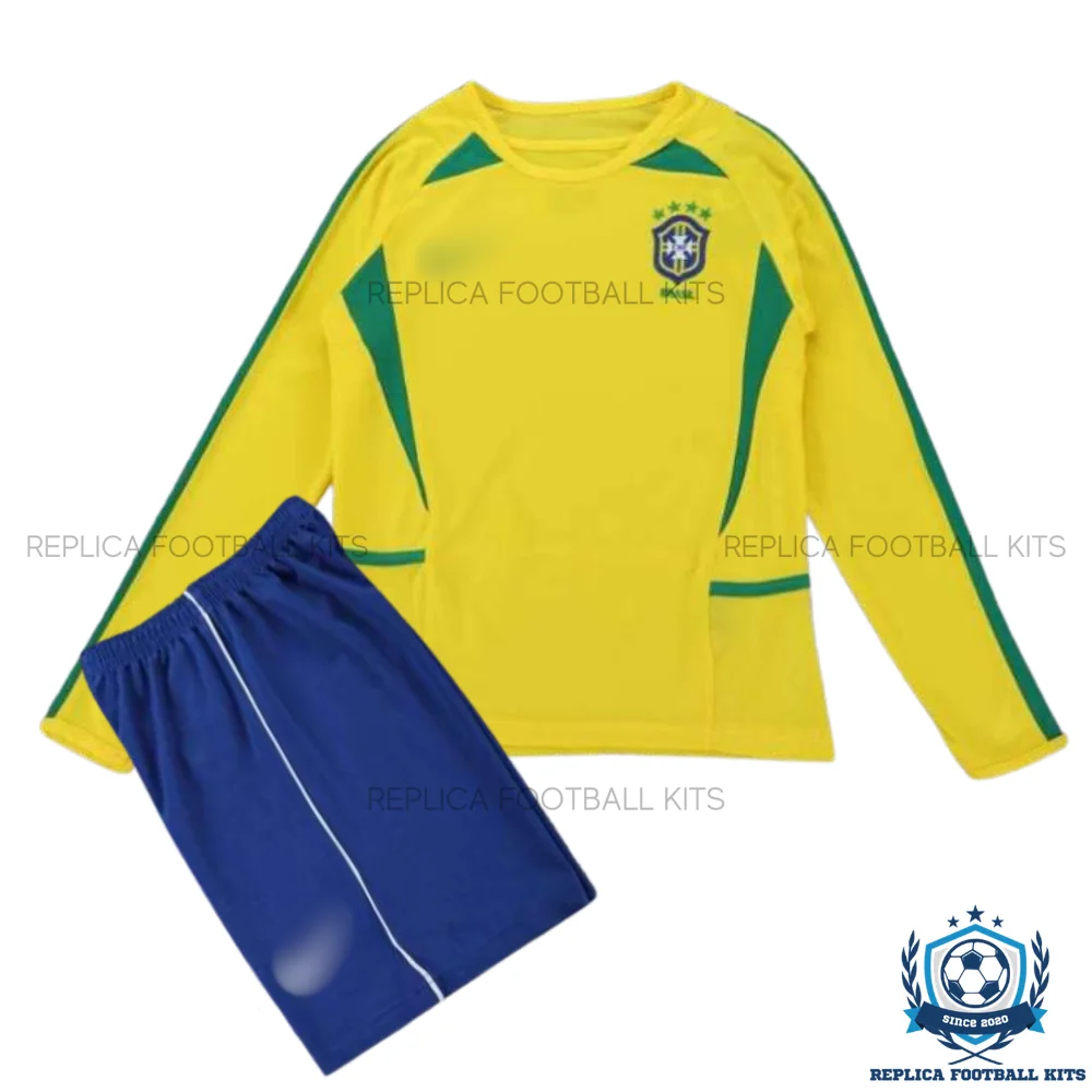 Retro Brazil Home Kid Replica Football Kit 2002 Long Sleeve - front view