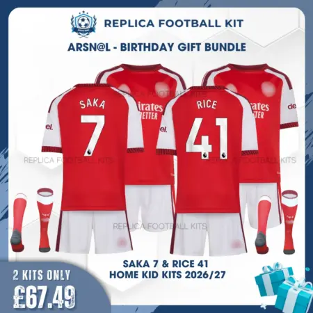 Arsn@l SAKA 7 & RICE 41 2026/27 Full Kit Gift Set - Home Kid Replica Football Kits (With Socks) - overview