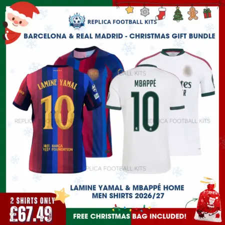 Barcelona and Real Madrid LAMINE YAMAL 10 and MBAPPÉ 10 2026/27 Full Shirt Gift Set - Home Kids Football Shirts - xmas frame