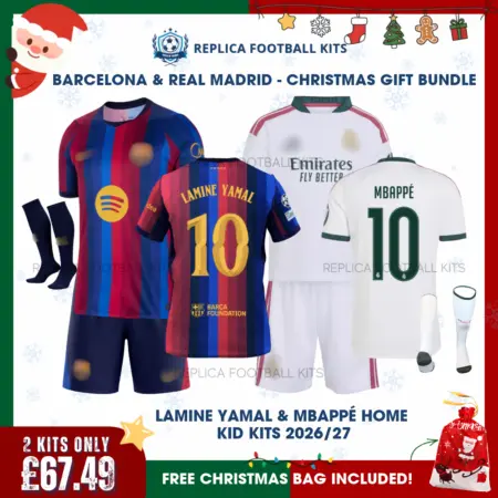 Barcelona and Real Madrid LAMINE YAMAL 10 and MBAPPÉ 10 2026/27 Full Kit Gift Set - Home Kids Football Kits (With Socks)-xmas frame