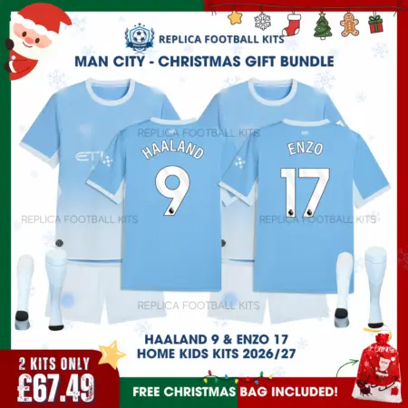 Manchester City HAALAND 9 & ENZO 17 2026/27 Full Kit Gift Set - Home Kids Football Kits (With Socks)